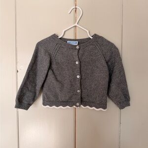 Worn once! Jacadi Gray Knit Baby Girl Cardigan with White Scallop Trim
